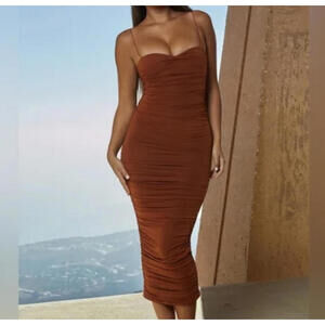 OH POLLY brown ruched midi dress sz8